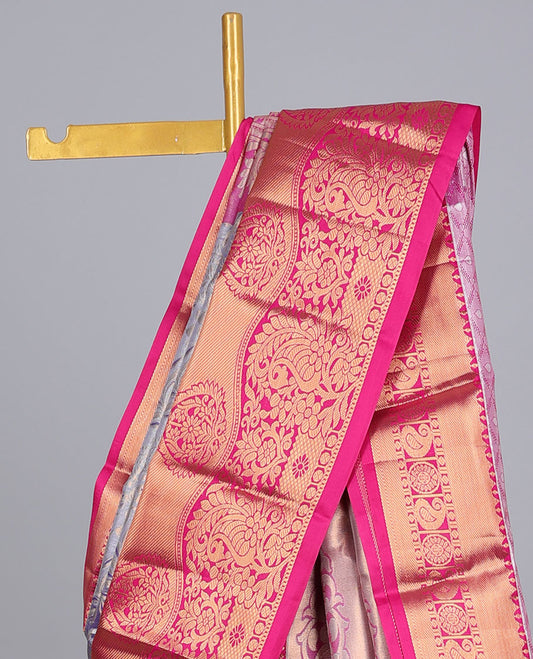 Blue floral vine jacquard budget silk saree, contrast traditional design border & pallu of intricate designs