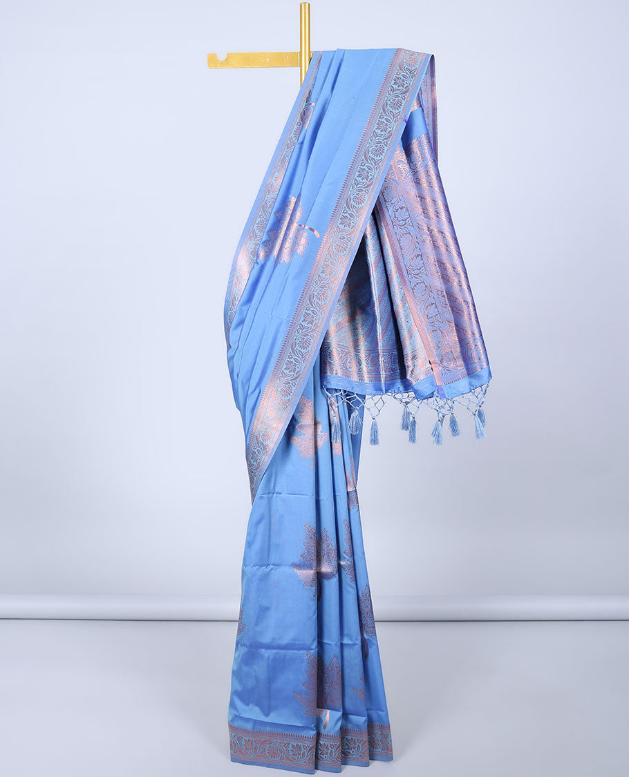 Blue butter silk saree with zari buttas, floral creeper zari border & pallu of diagonal floral creeper design