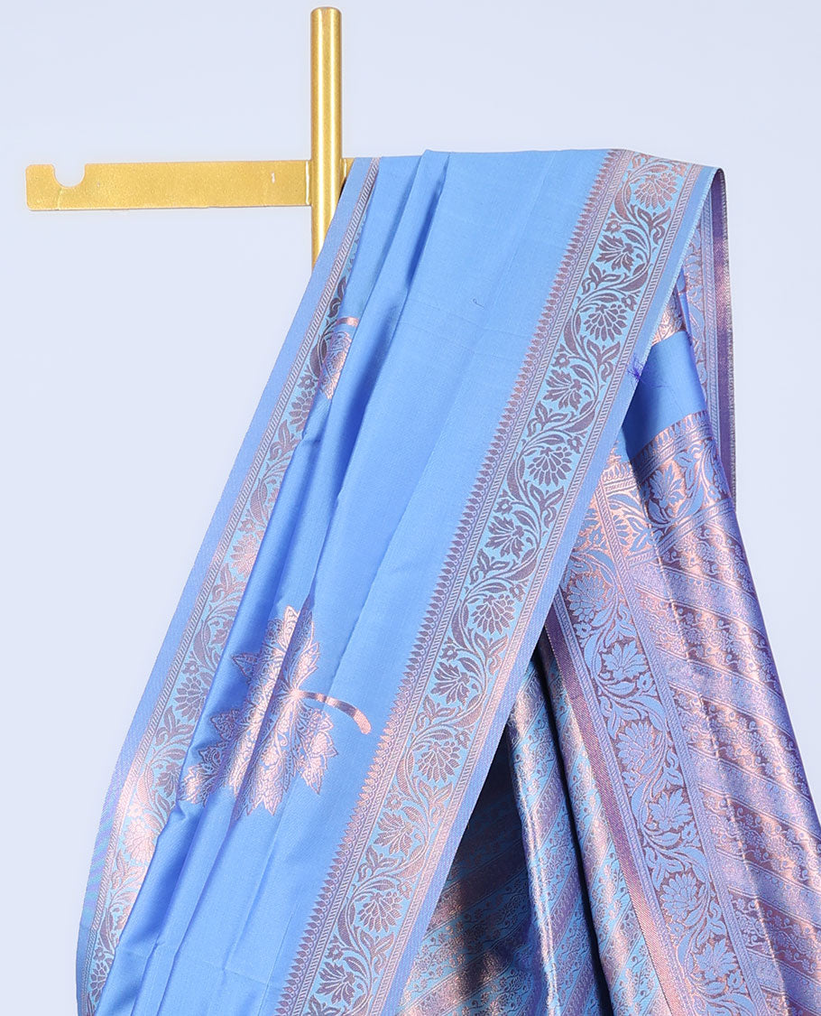 Blue butter silk saree with zari buttas, floral creeper zari border & pallu of diagonal floral creeper design