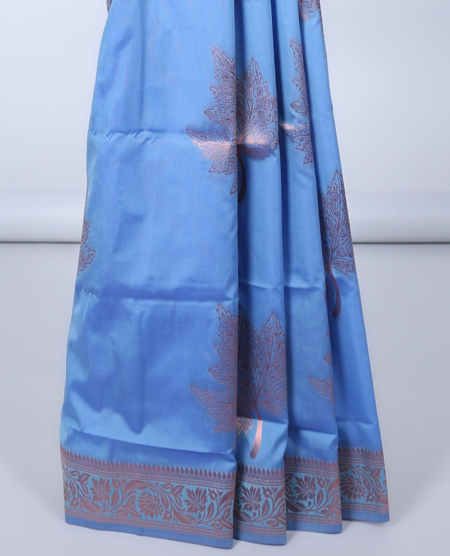Blue butter silk saree with zari buttas, floral creeper zari border & pallu of diagonal floral creeper design