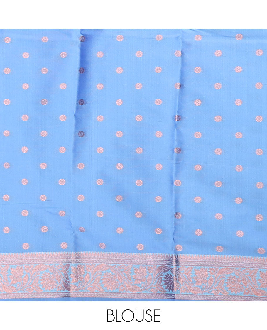 Blue butter silk saree with zari buttas, floral creeper zari border & pallu of diagonal floral creeper design