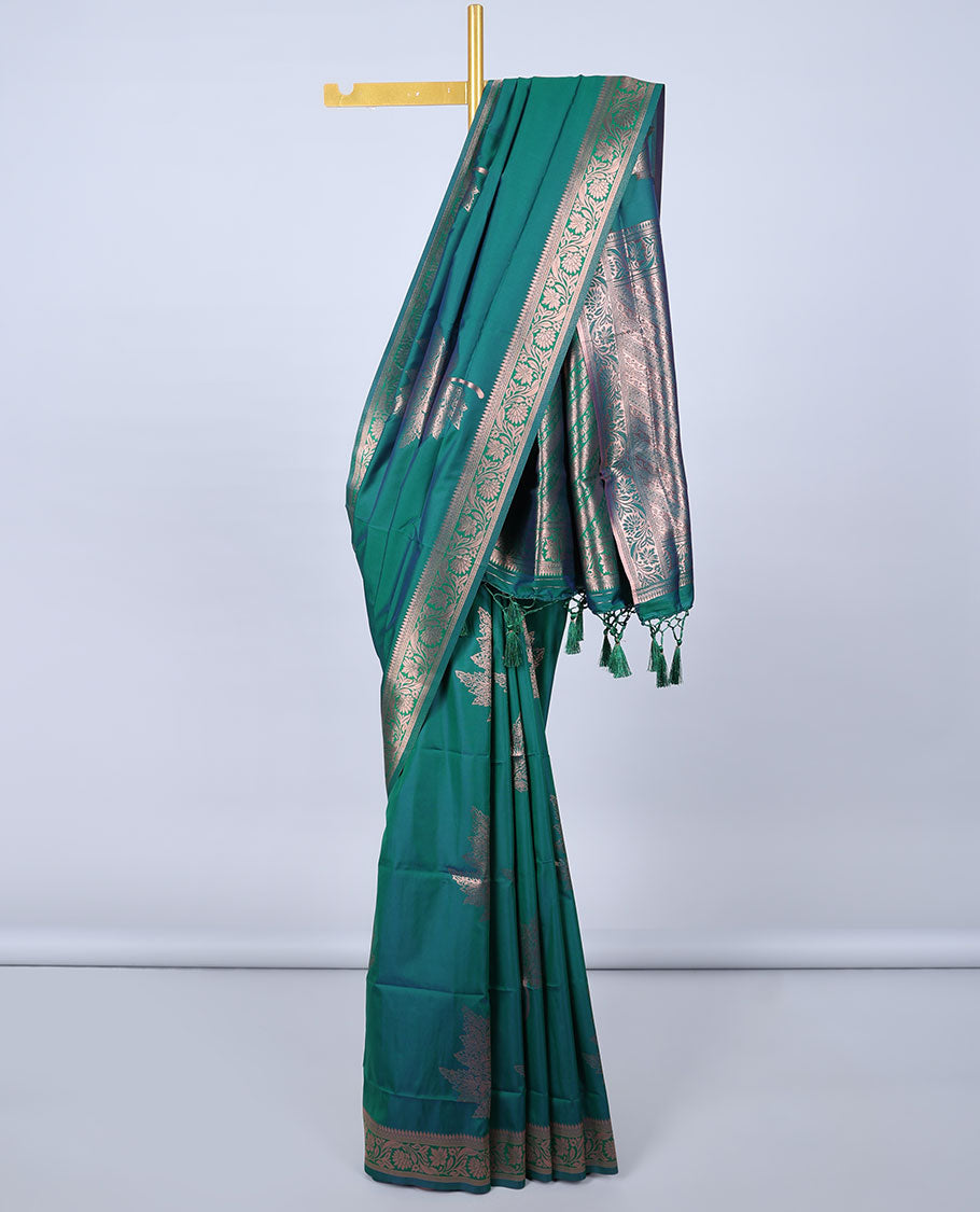 Green butter silk saree with zari buttas, floral creeper zari border & pallu of diagonal floral creeper design