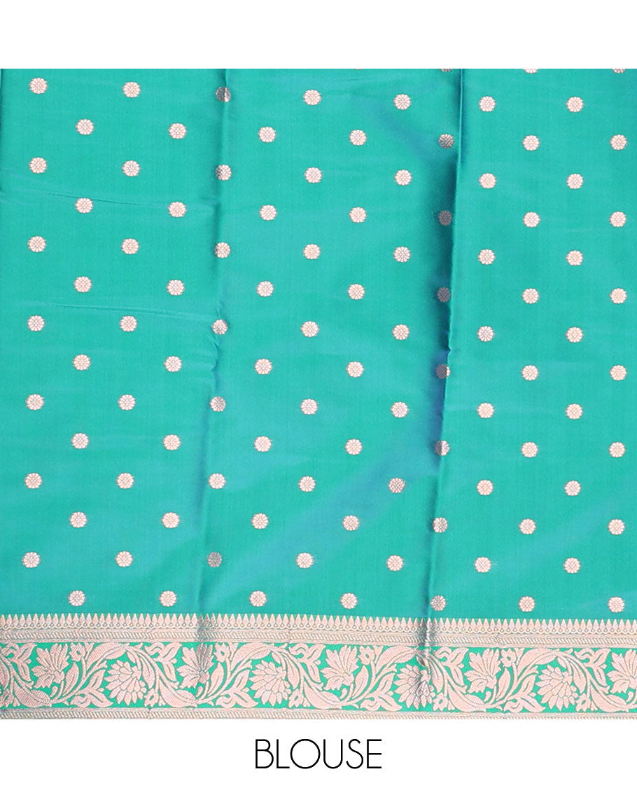 Green butter silk saree with zari buttas, floral creeper zari border & pallu of diagonal floral creeper design