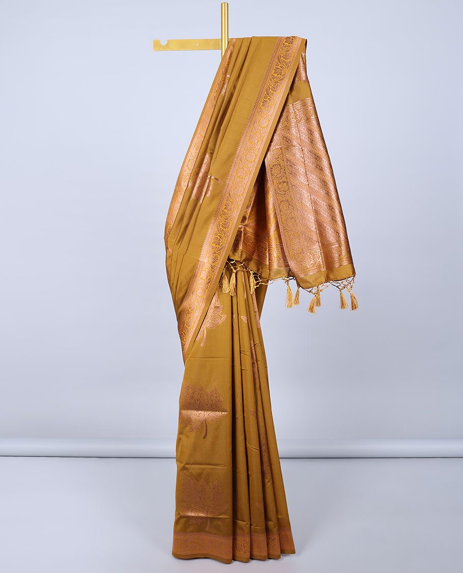Mustard butter silk saree with zari buttas, floral creeper zari border & pallu of diagonal floral creeper design