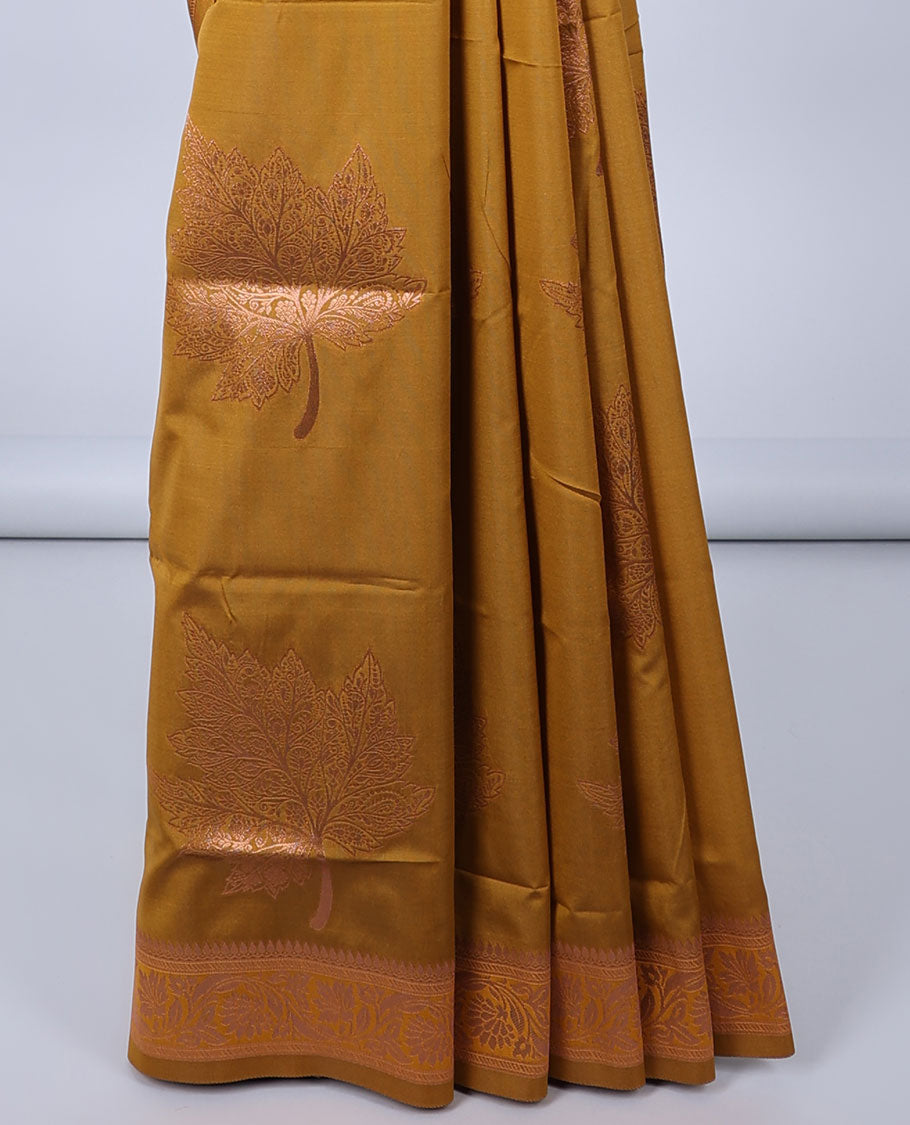 Mustard butter silk saree with zari buttas, floral creeper zari border & pallu of diagonal floral creeper design