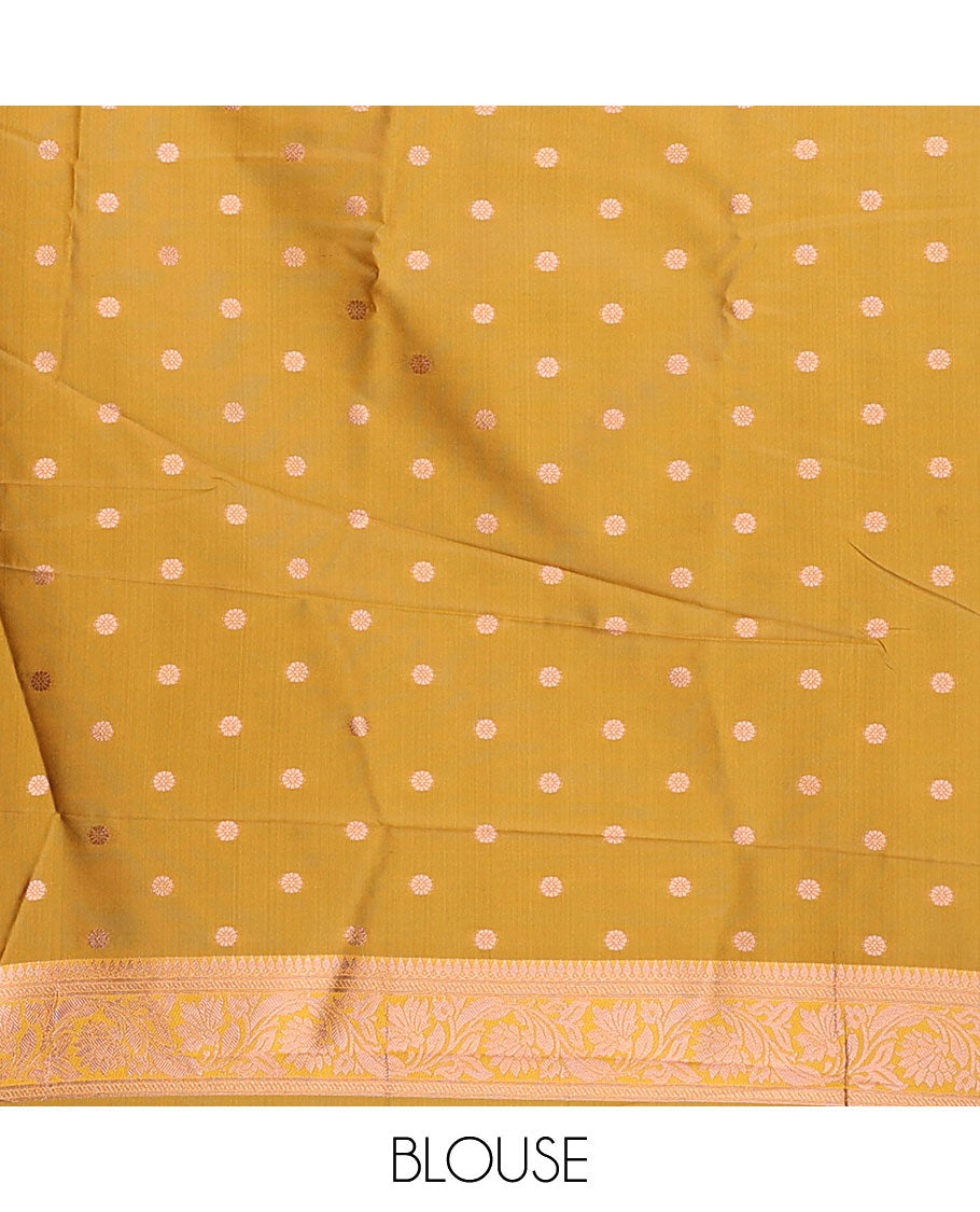 Mustard butter silk saree with zari buttas, floral creeper zari border & pallu of diagonal floral creeper design
