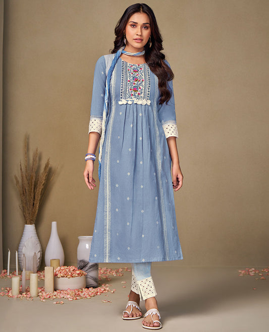 Blue readymade cotton suit, embroidery round-neck nyra-cut 3/4th sleeve top,striped straight-cut pants & crushed dupatta