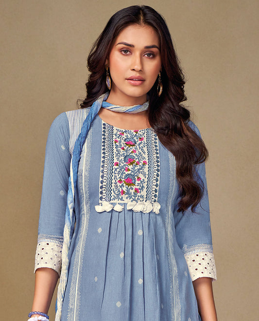 Blue readymade cotton suit, embroidery round-neck nyra-cut 3/4th sleeve top,striped straight-cut pants & crushed dupatta