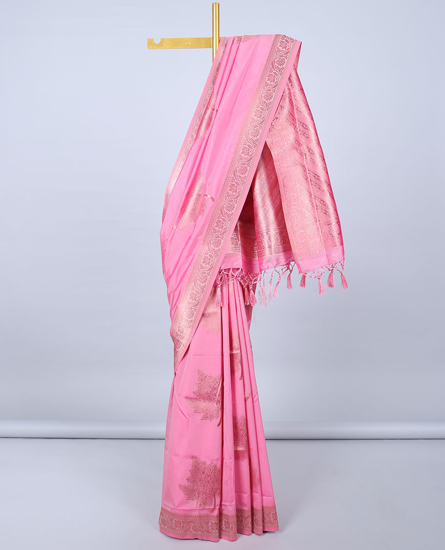 Pink butter silk saree with zari buttas, floral creeper zari border & pallu of diagonal floral creeper design