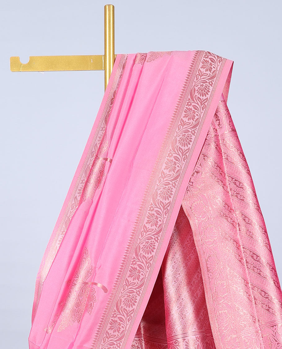 Pink butter silk saree with zari buttas, floral creeper zari border & pallu of diagonal floral creeper design