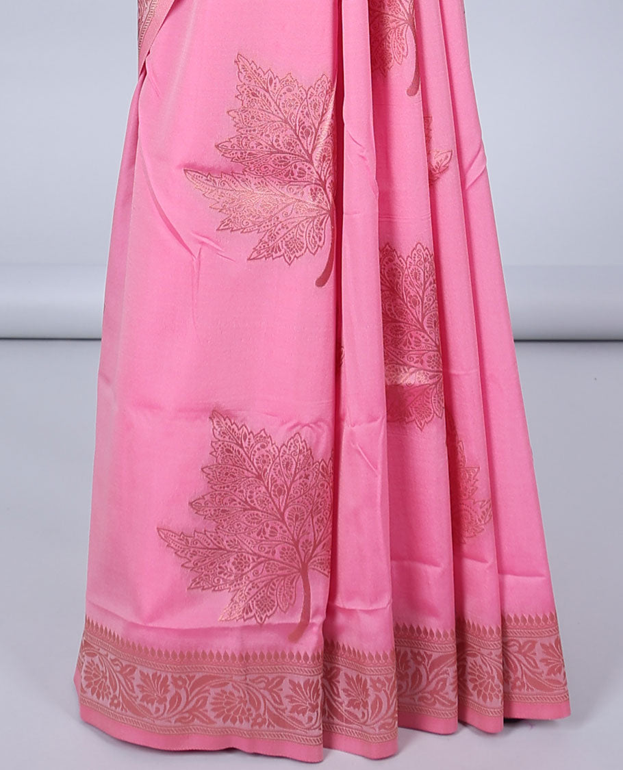 Pink butter silk saree with zari buttas, floral creeper zari border & pallu of diagonal floral creeper design