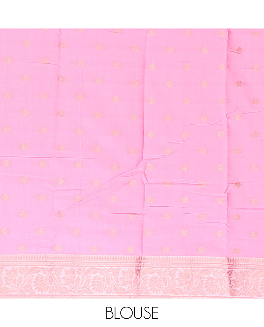 Pink butter silk saree with zari buttas, floral creeper zari border & pallu of diagonal floral creeper design