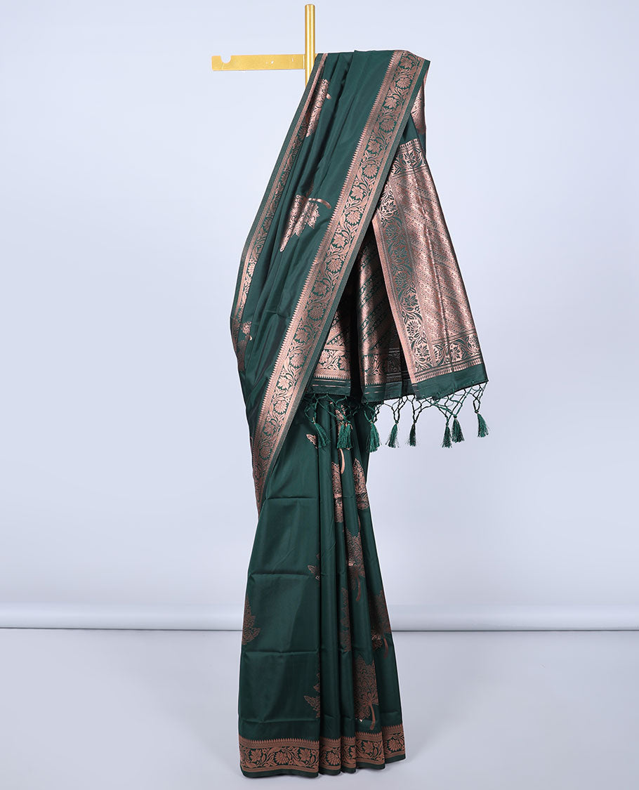 Green butter silk saree with zari buttas, floral creeper zari border & pallu of diagonal floral creeper design