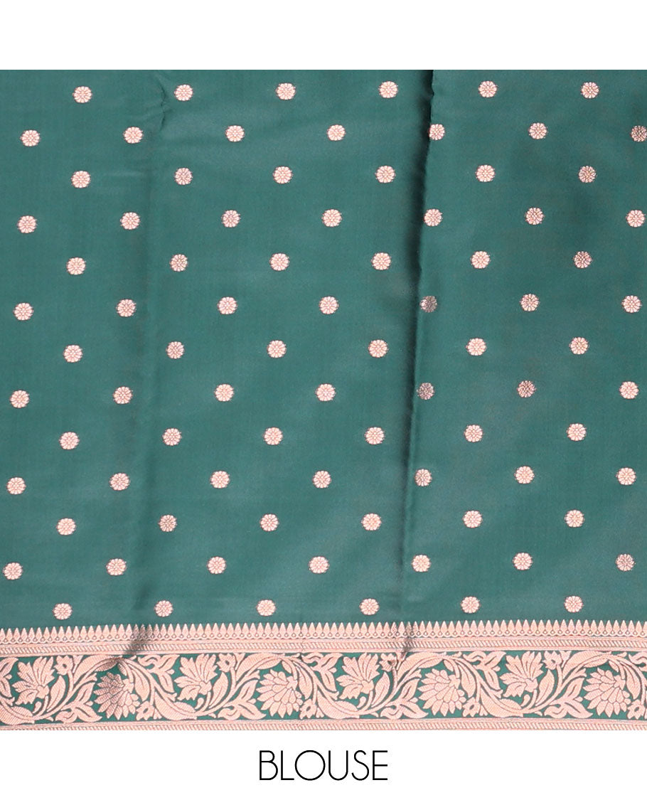 Green butter silk saree with zari buttas, floral creeper zari border & pallu of diagonal floral creeper design