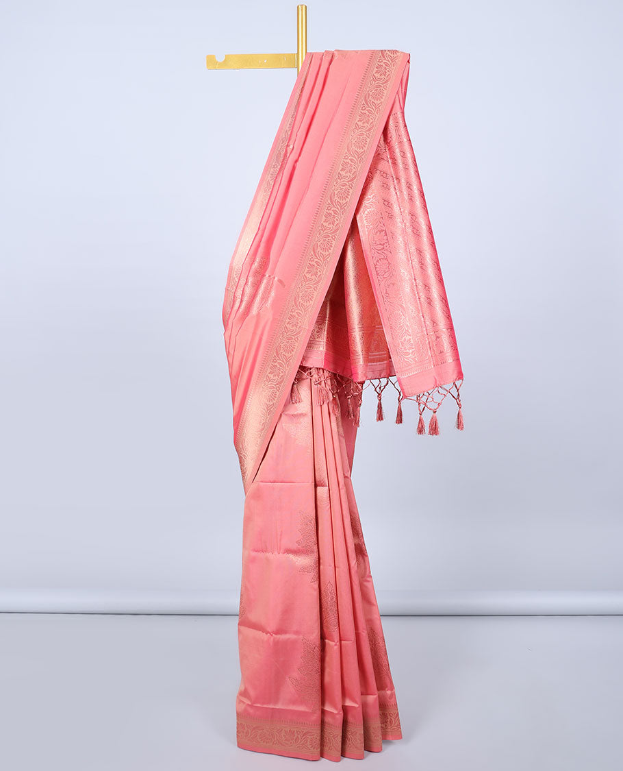 Pink butter silk saree with zari buttas, floral creeper zari border & pallu of diagonal floral creeper design