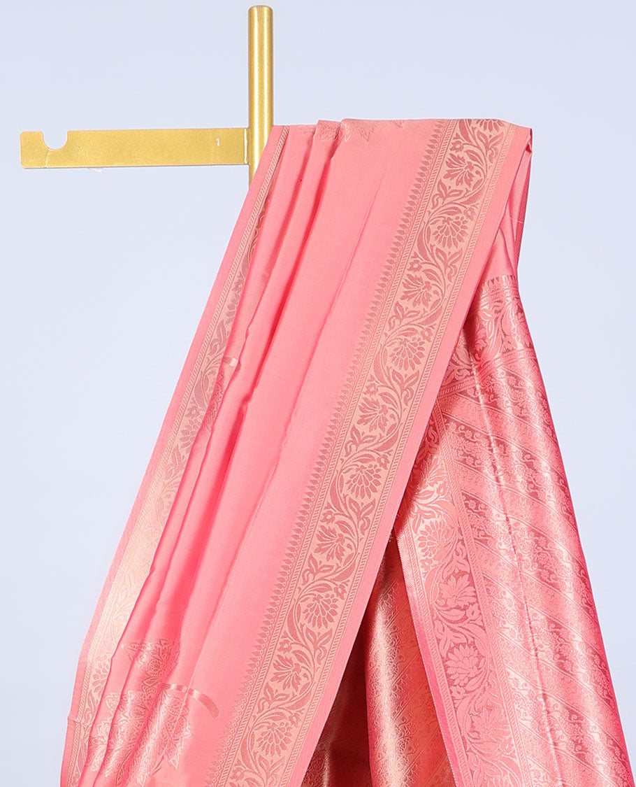 Pink butter silk saree with zari buttas, floral creeper zari border & pallu of diagonal floral creeper design