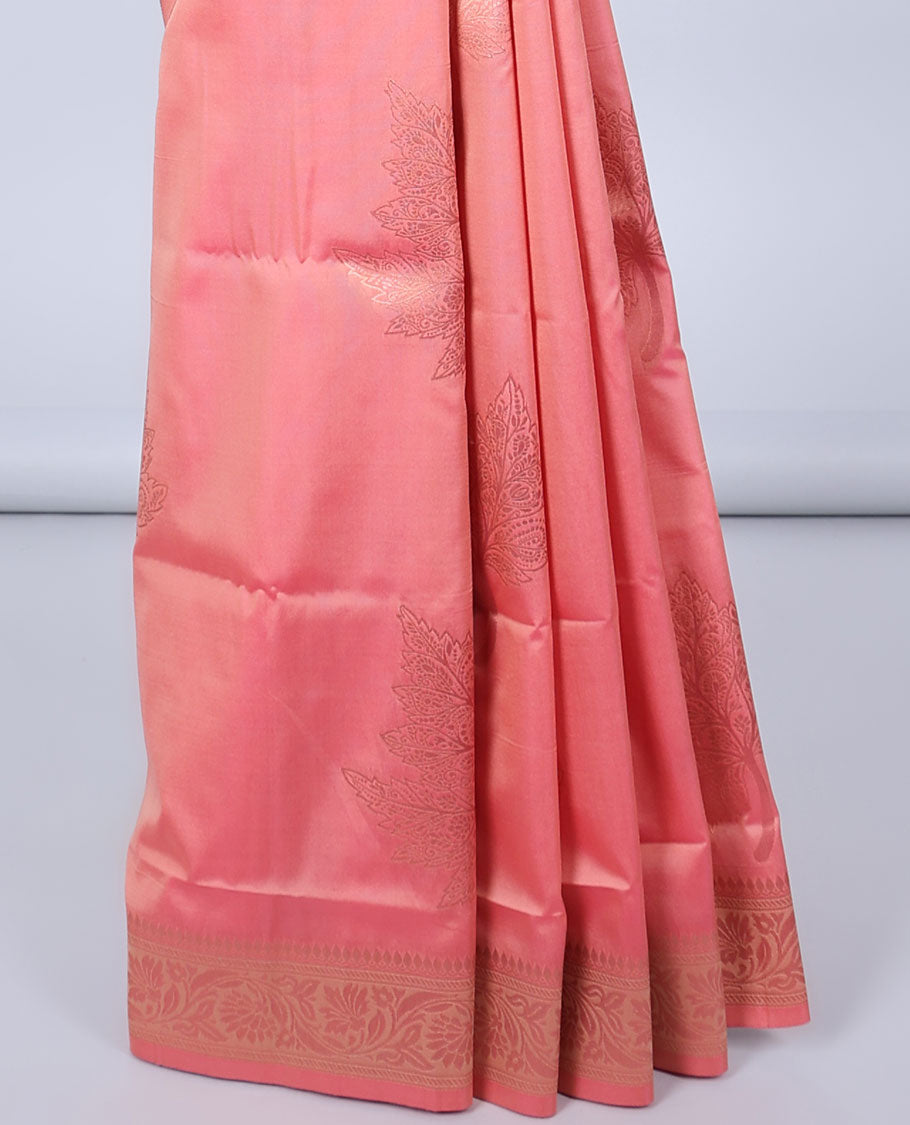 Pink butter silk saree with zari buttas, floral creeper zari border & pallu of diagonal floral creeper design