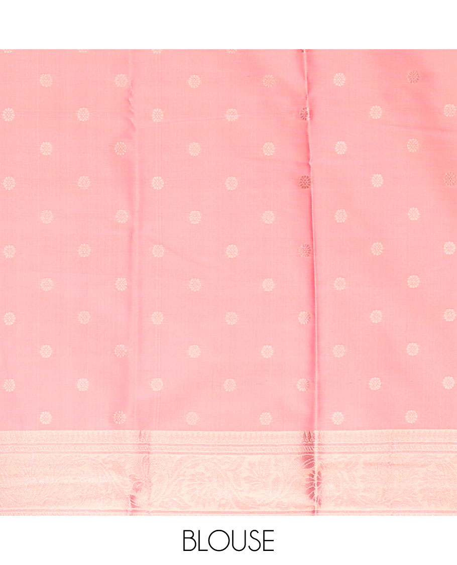 Pink butter silk saree with zari buttas, floral creeper zari border & pallu of diagonal floral creeper design