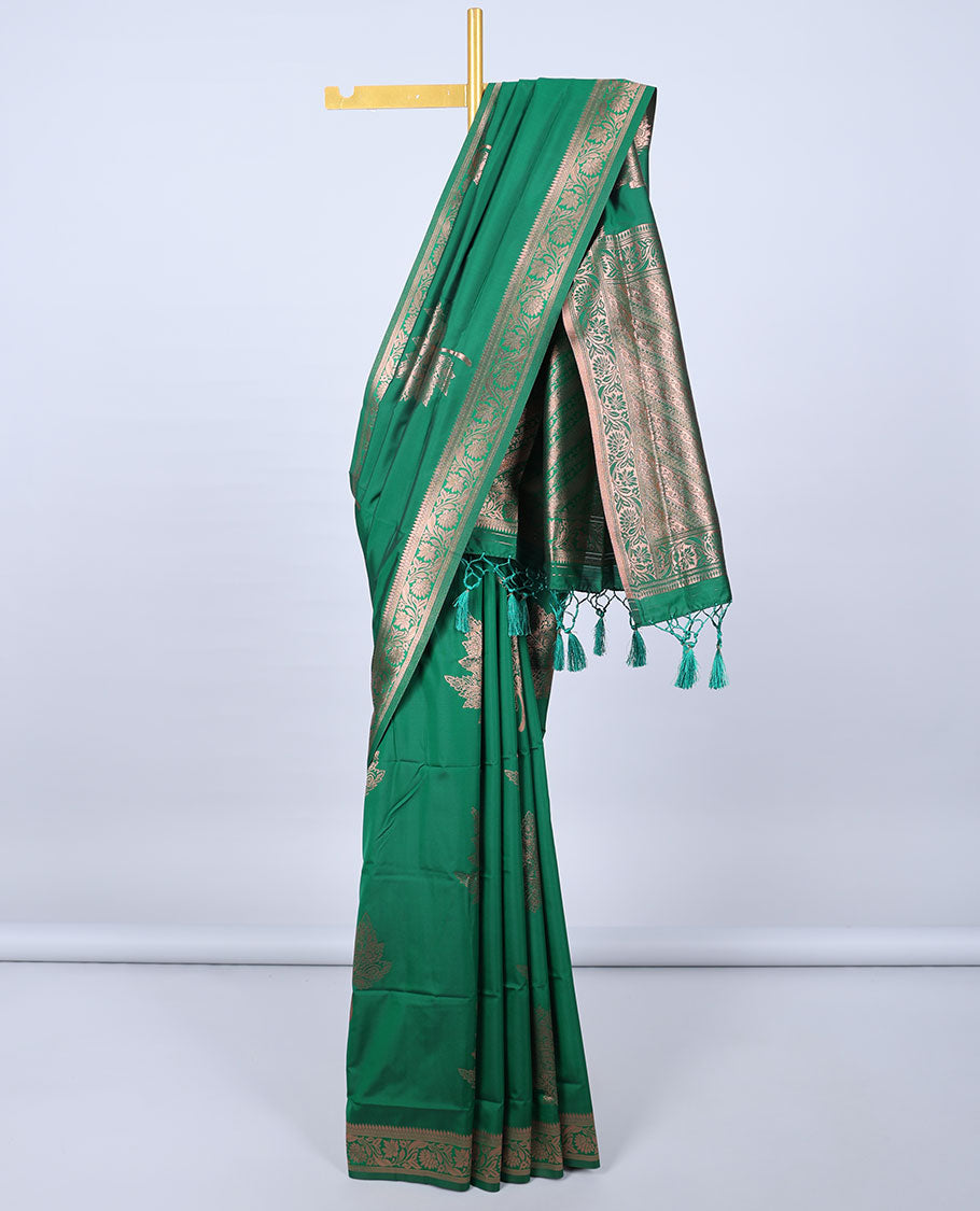 Green butter silk saree with zari buttas, floral creeper zari border & pallu of diagonal floral creeper design