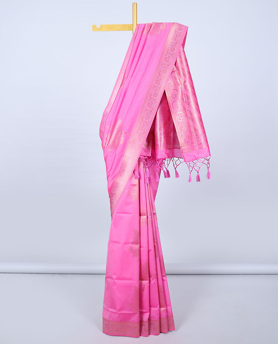 Pink butter silk saree with zari buttas, floral creeper zari border & pallu of diagonal floral creeper design