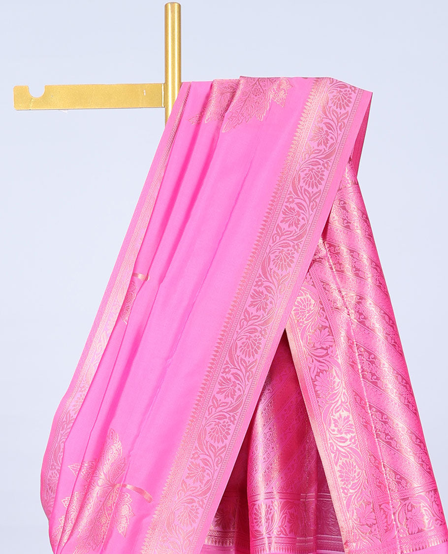Pink butter silk saree with zari buttas, floral creeper zari border & pallu of diagonal floral creeper design
