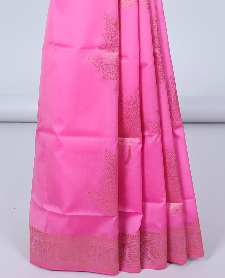 Pink butter silk saree with zari buttas, floral creeper zari border & pallu of diagonal floral creeper design