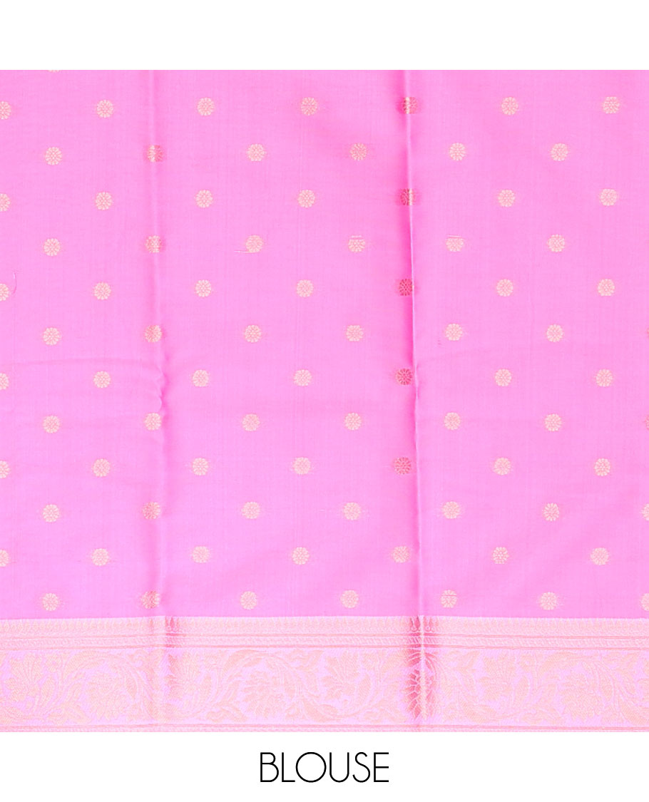 Pink butter silk saree with zari buttas, floral creeper zari border & pallu of diagonal floral creeper design