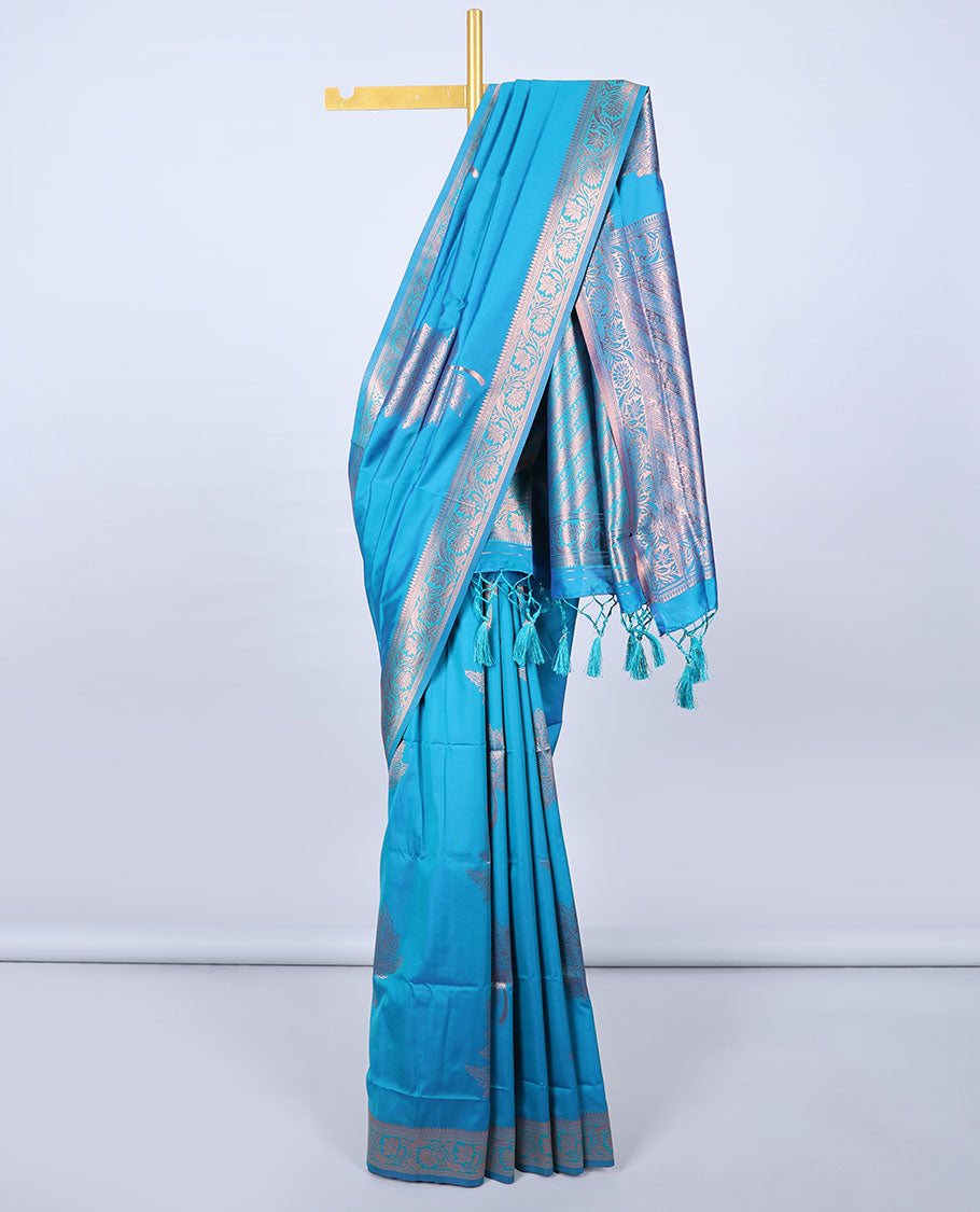 Blue butter silk saree with zari buttas, floral creeper zari border & pallu of diagonal floral creeper design