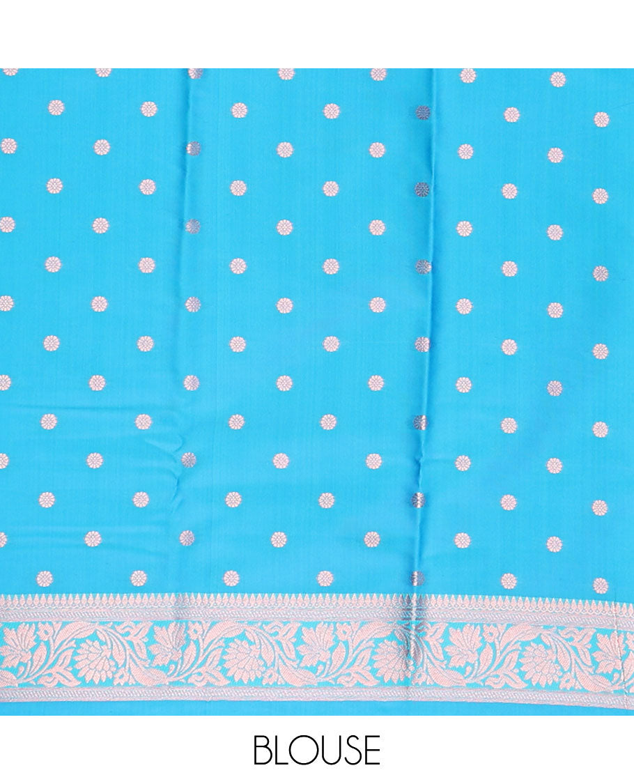 Blue butter silk saree with zari buttas, floral creeper zari border & pallu of diagonal floral creeper design