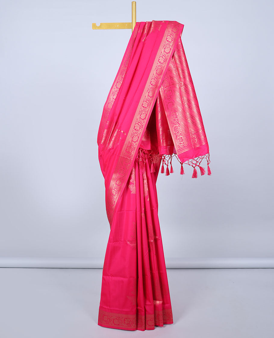 Pink butter silk saree with zari buttas, floral creeper zari border & pallu of diagonal floral creeper design