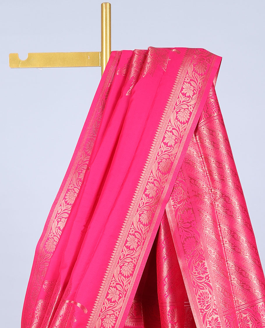 Pink butter silk saree with zari buttas, floral creeper zari border & pallu of diagonal floral creeper design