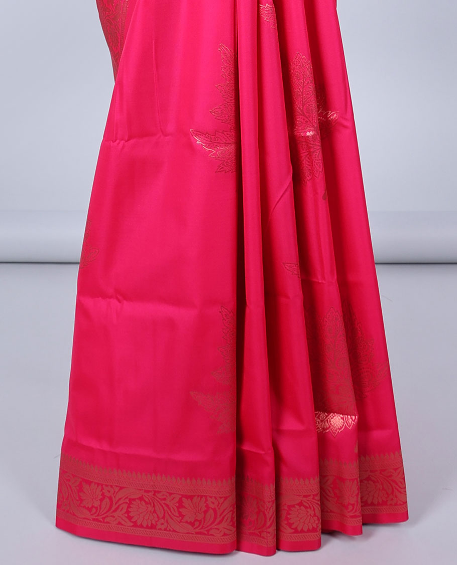 Pink butter silk saree with zari buttas, floral creeper zari border & pallu of diagonal floral creeper design