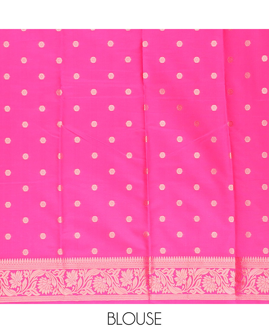 Pink butter silk saree with zari buttas, floral creeper zari border & pallu of diagonal floral creeper design