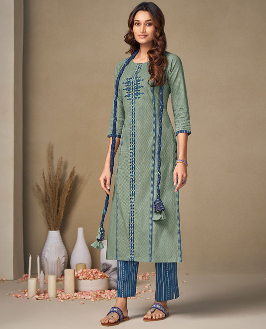 Green readymade cotton suit,butta & embroidery round-neck 3/4th sleeve top,contrast straight-cut pants & crushed dupatta