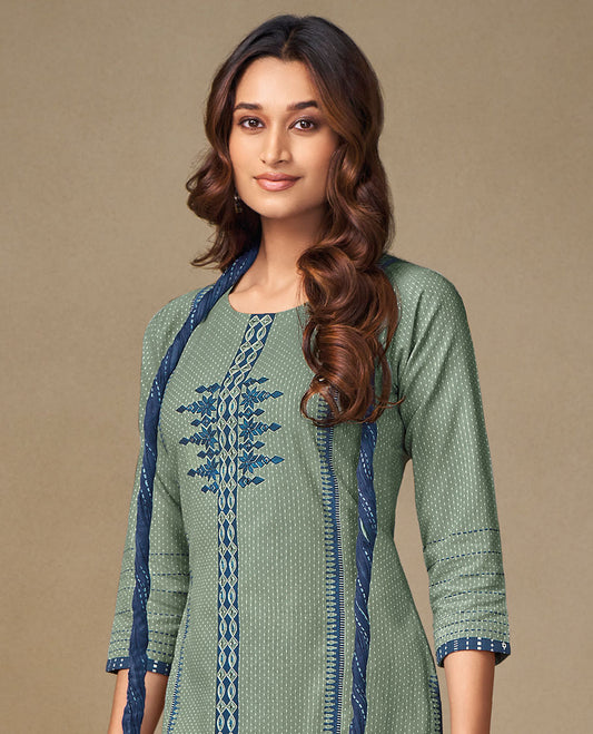 Green readymade cotton suit,butta & embroidery round-neck 3/4th sleeve top,contrast straight-cut pants & crushed dupatta