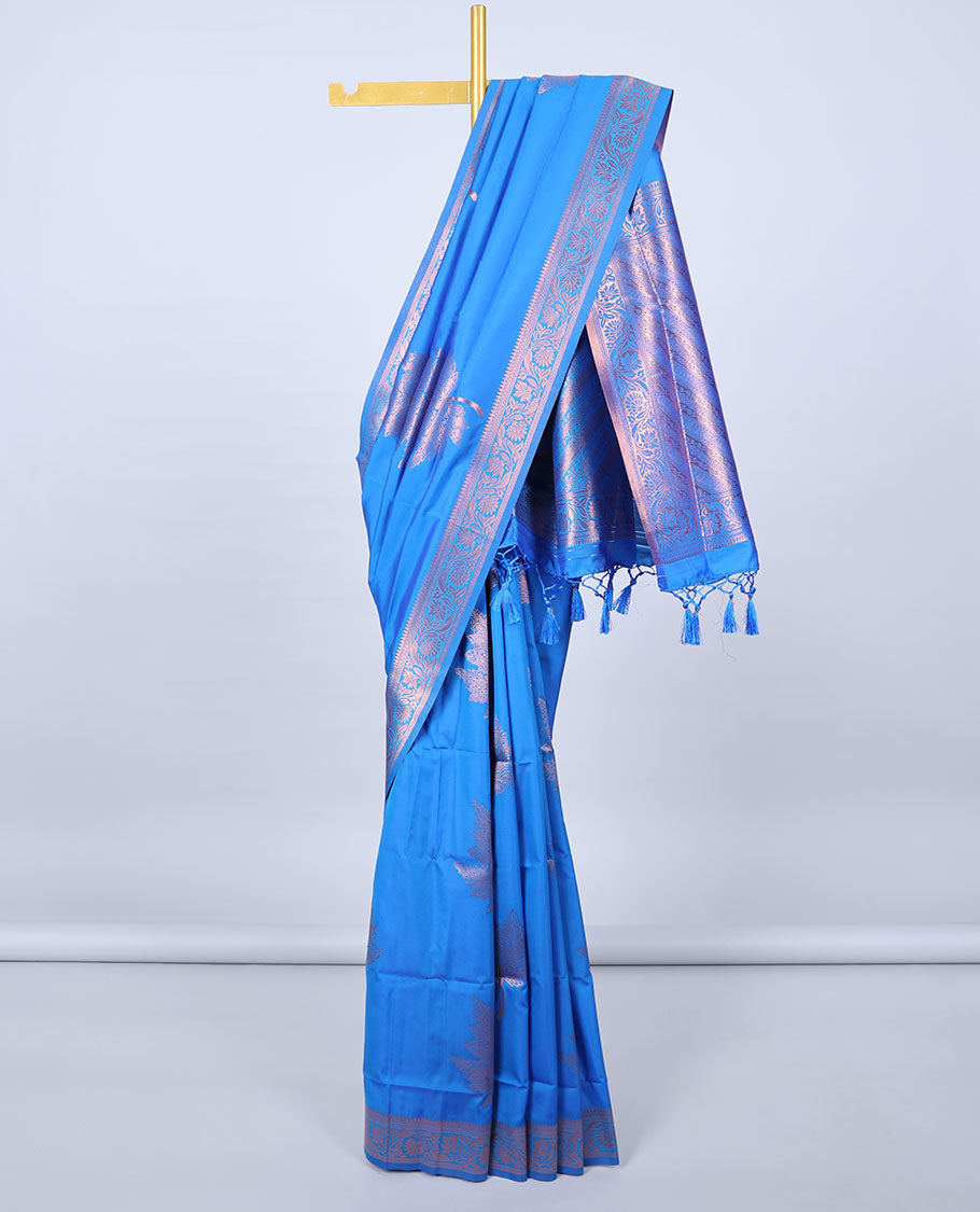 Blue butter silk saree with zari buttas, floral creeper zari border & pallu of diagonal floral creeper design