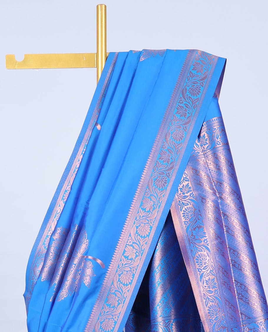 Blue butter silk saree with zari buttas, floral creeper zari border & pallu of diagonal floral creeper design