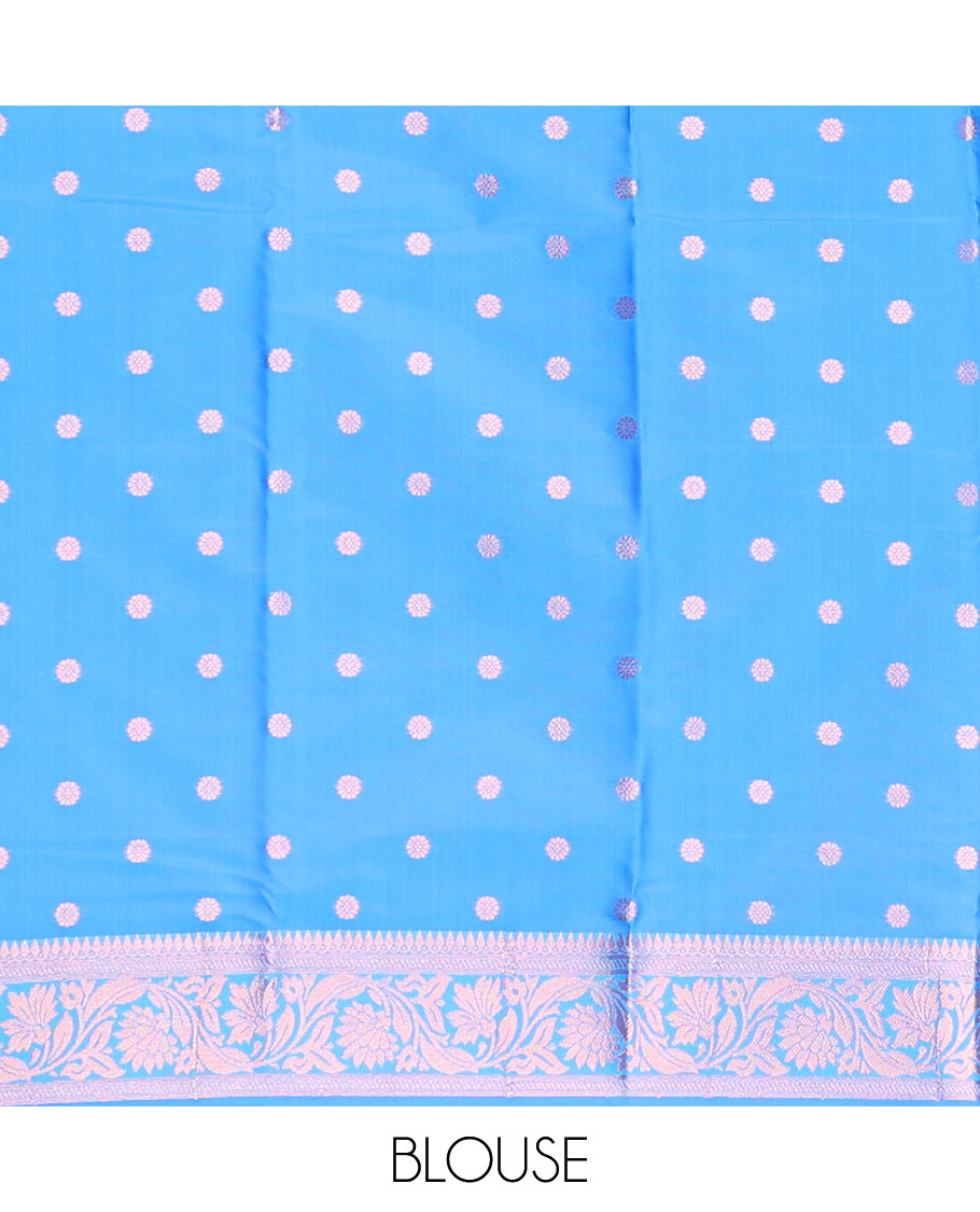 Blue butter silk saree with zari buttas, floral creeper zari border & pallu of diagonal floral creeper design