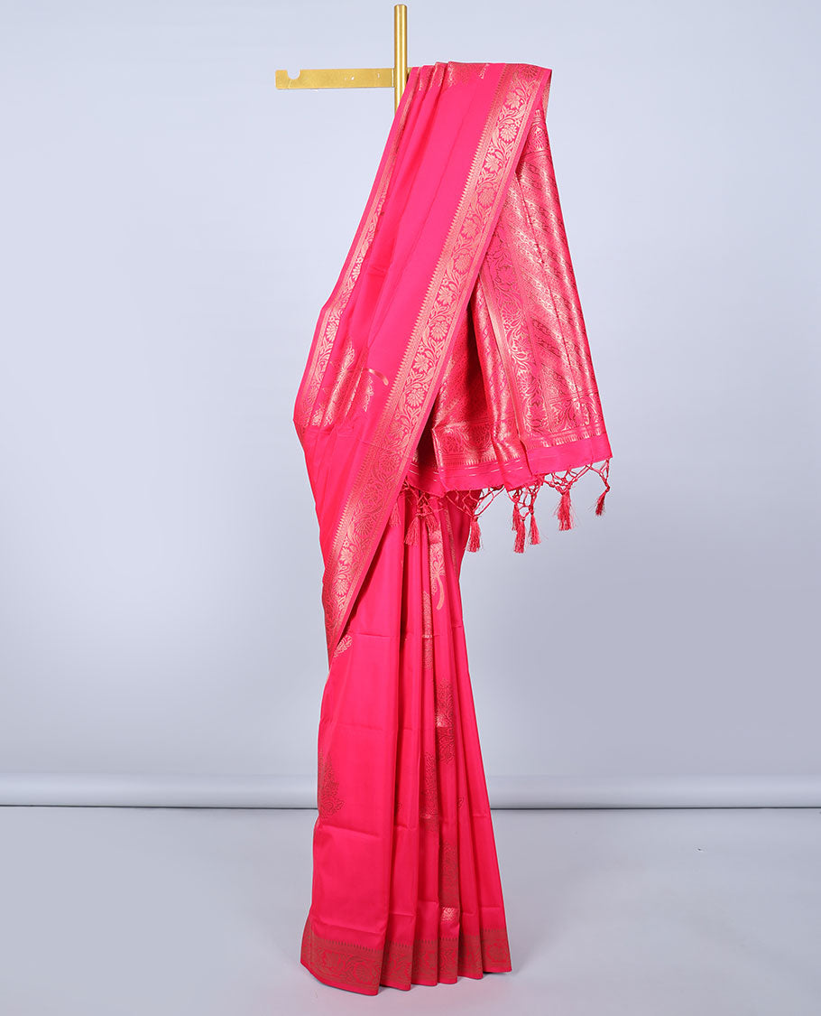 Pink butter silk saree with zari buttas, floral creeper zari border & pallu of diagonal floral creeper design