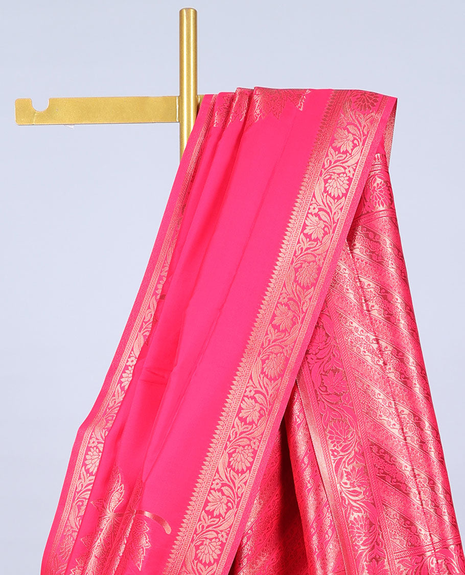 Pink butter silk saree with zari buttas, floral creeper zari border & pallu of diagonal floral creeper design