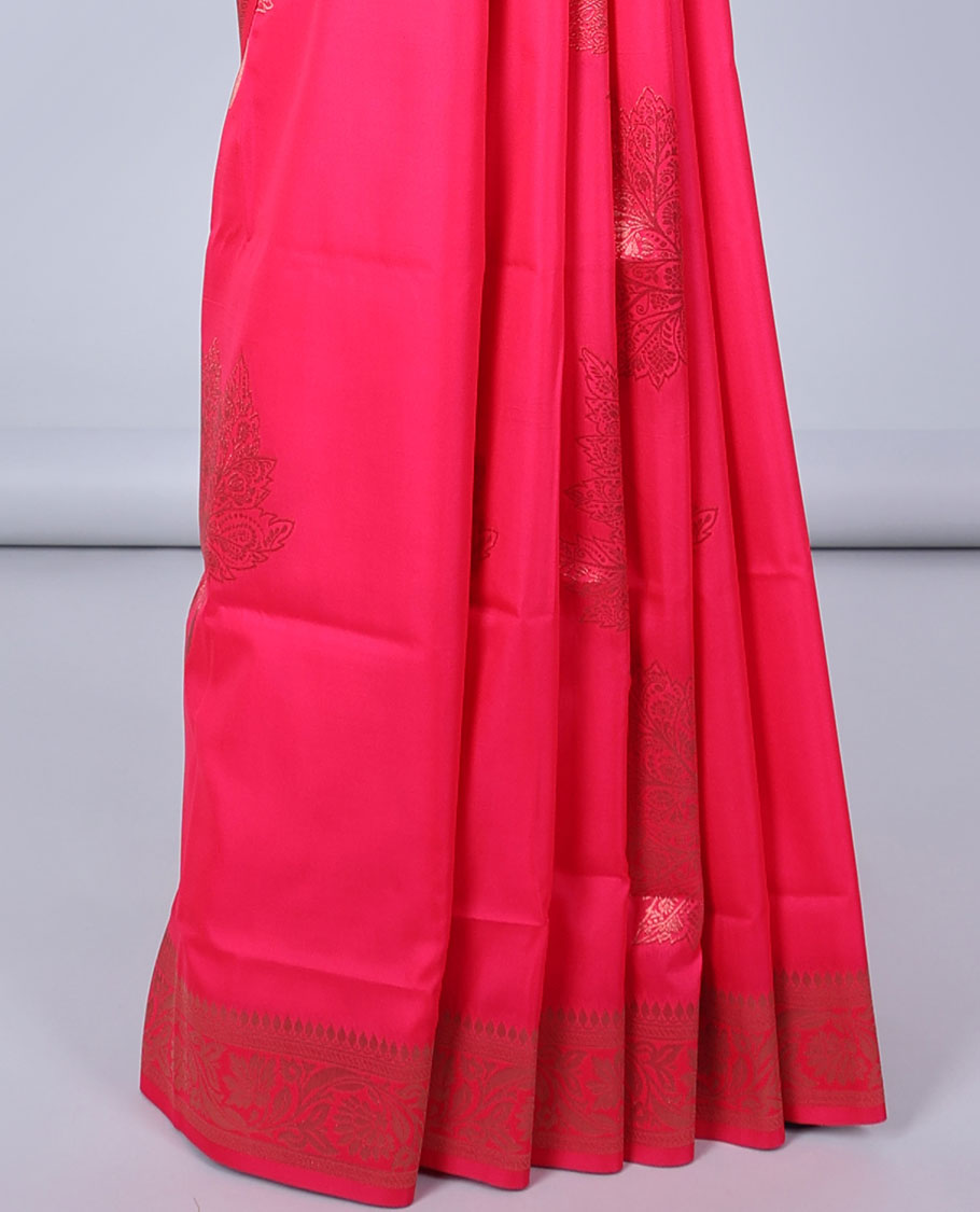 Pink butter silk saree with zari buttas, floral creeper zari border & pallu of diagonal floral creeper design