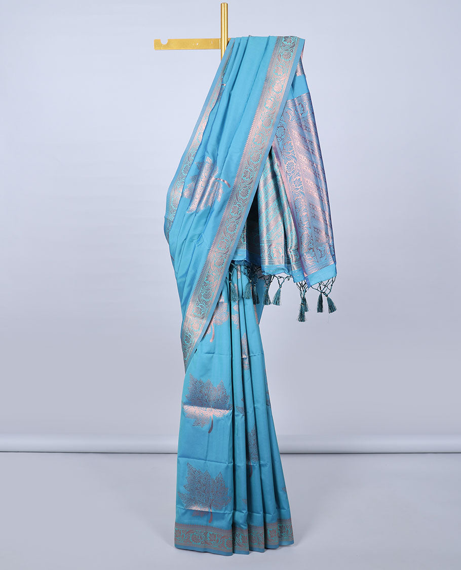Blue butter silk saree with zari buttas, floral creeper zari border & pallu of diagonal floral creeper design