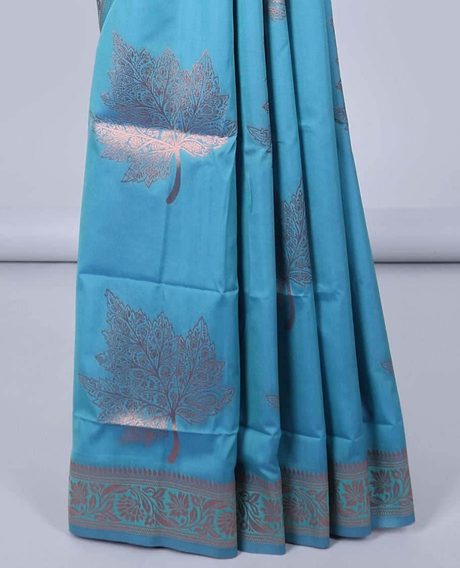 Blue butter silk saree with zari buttas, floral creeper zari border & pallu of diagonal floral creeper design