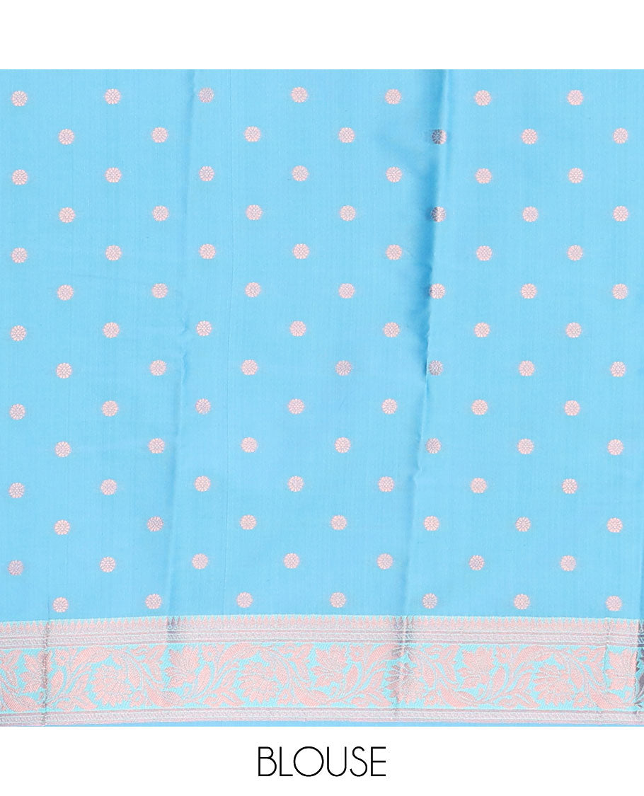 Blue butter silk saree with zari buttas, floral creeper zari border & pallu of diagonal floral creeper design