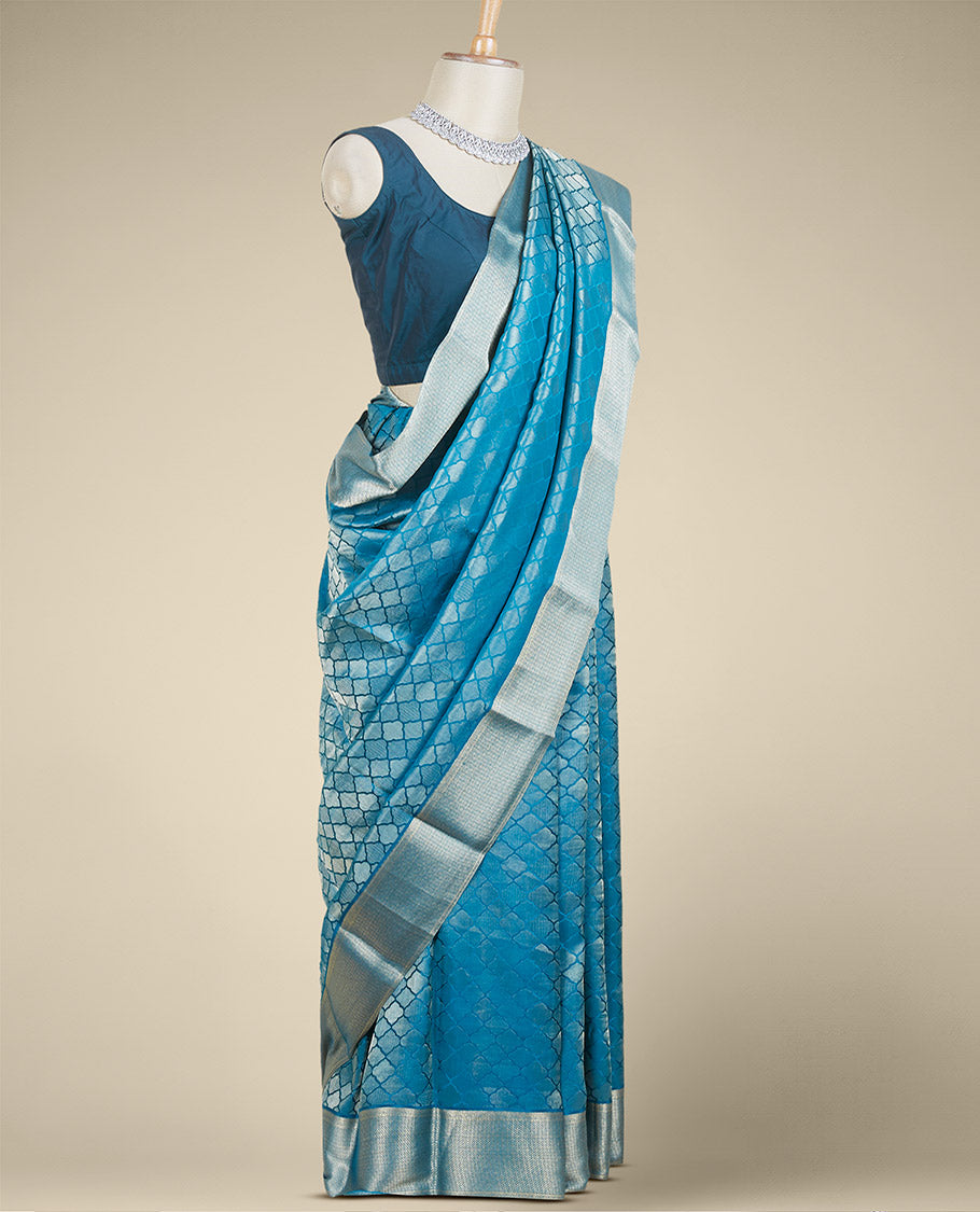 Green ogee patterned mysore silk saree, traditional design zari border & pallu steeped with paisleys
