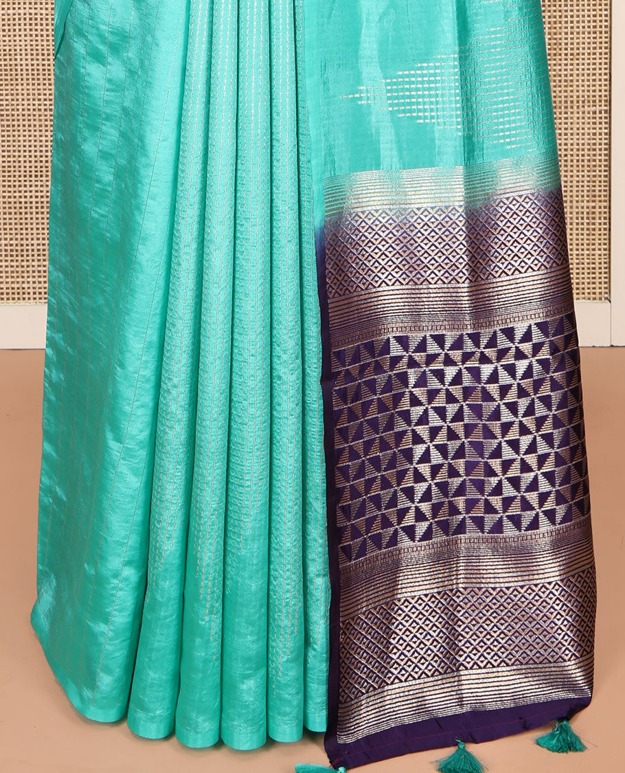 Turquoise Dupion Silk Saree, Mesmerized with Micro-Checks, Highlighted by Temple Border, Complemented by a Contrast Geometric-Patterned Pallu, and a Contrast Blouse