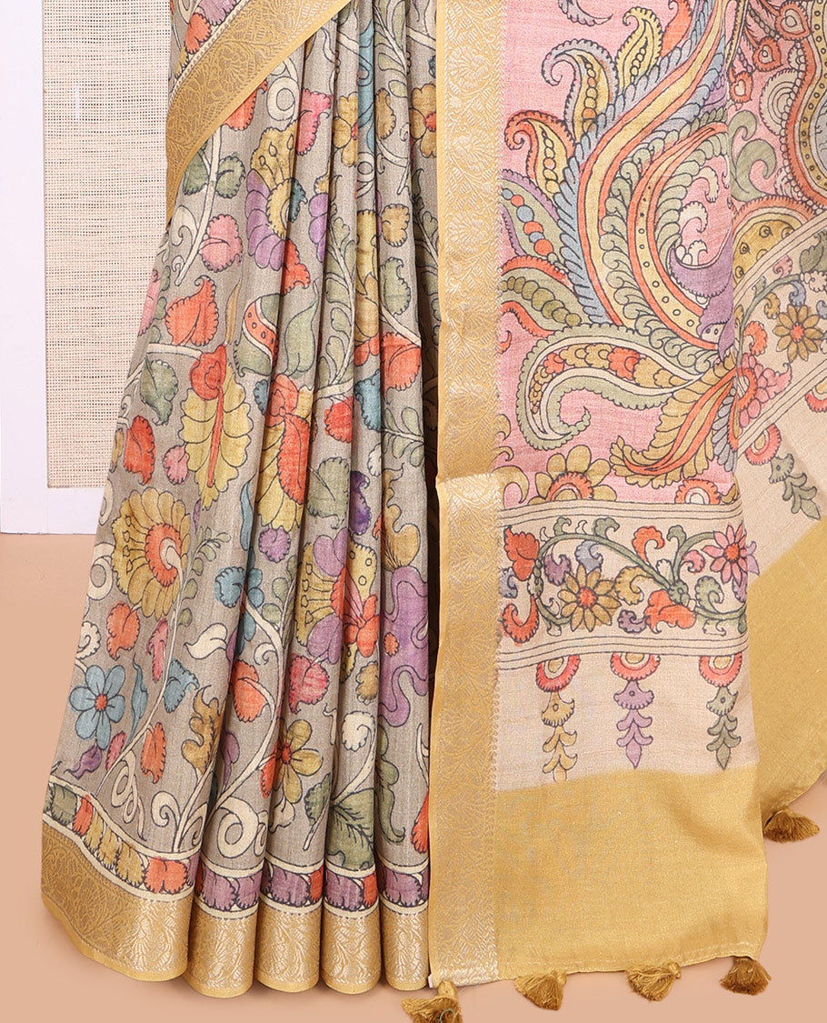 Grey Kalamkari Printed Fancy Tussar Saree