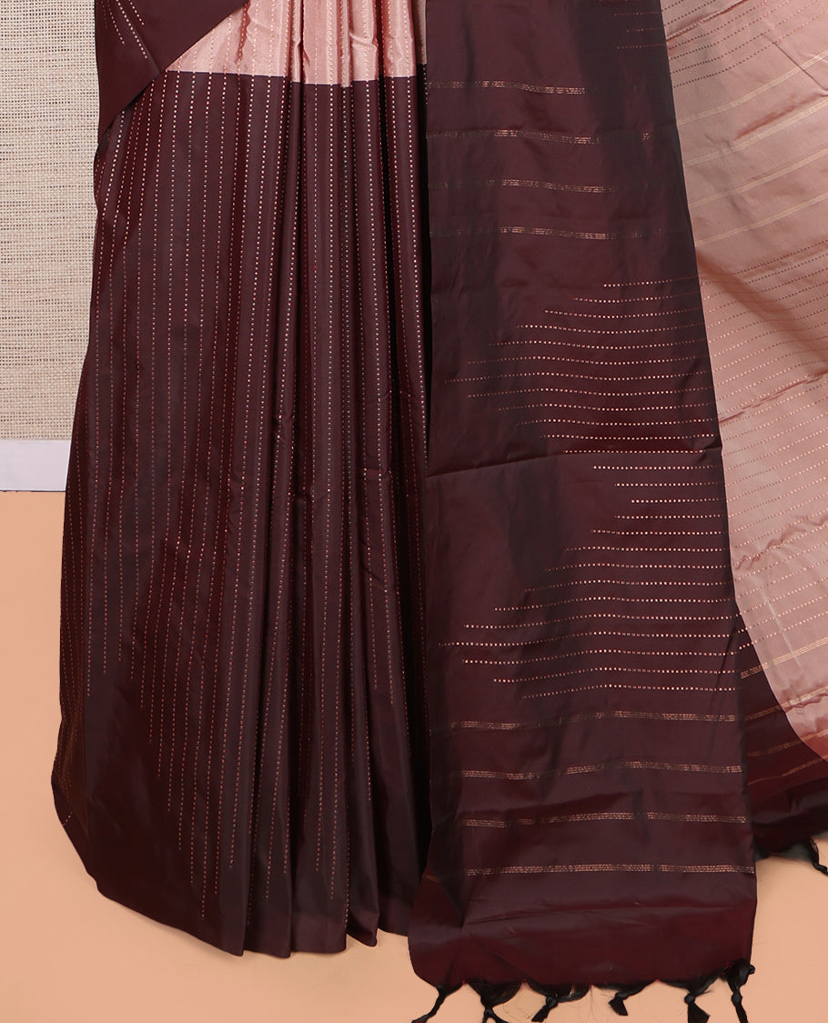 Borderless Peach-Brown Arani Saree, Crafted with Zari Stripes, a Self-Pallu, and a Matching Blouse