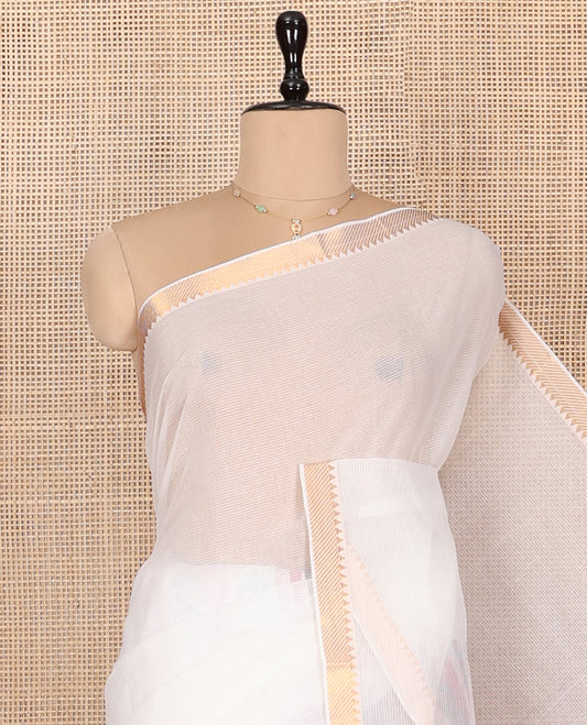 White Plain Andhra Cotton Saree, Mesmerized with Temple Zari Border, Contrast Striped Pallu, and a Contrast Blouse