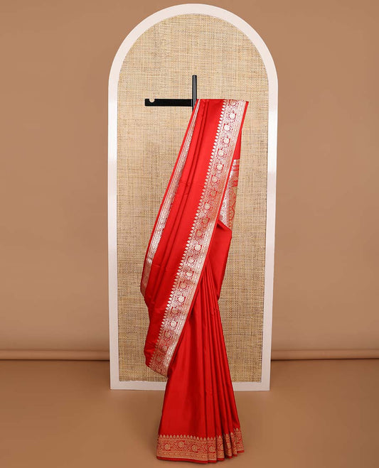 Red semi banaras nylon saree with self floral design border & floral design pallu